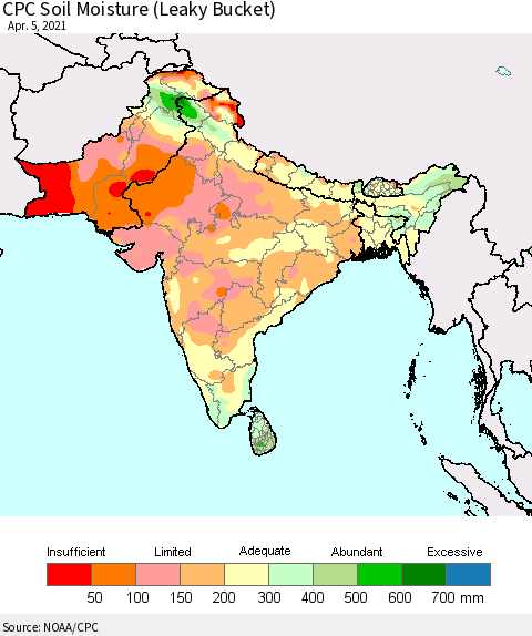Southern Asia CPC Calculated Soil Moisture (Leaky Bucket) Thematic Map For 4/1/2021 - 4/5/2021
