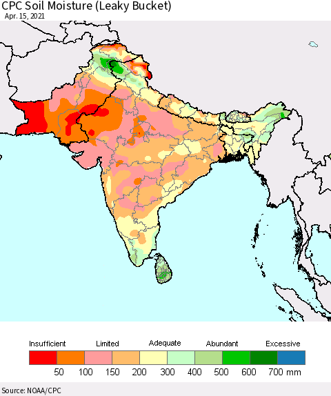 Southern Asia CPC Calculated Soil Moisture (Leaky Bucket) Thematic Map For 4/11/2021 - 4/15/2021