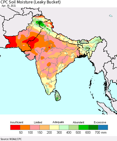 Southern Asia CPC Calculated Soil Moisture (Leaky Bucket) Thematic Map For 4/26/2021 - 4/30/2021