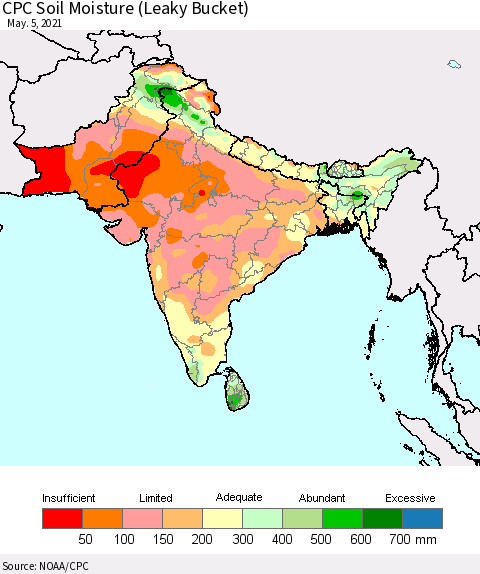 Southern Asia CPC Calculated Soil Moisture (Leaky Bucket) Thematic Map For 5/1/2021 - 5/5/2021