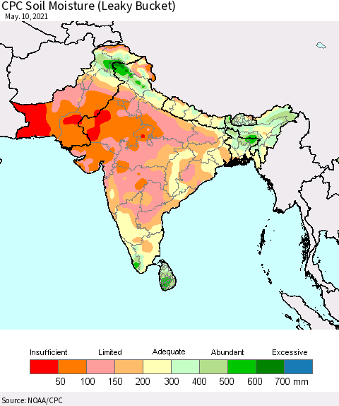 Southern Asia CPC Calculated Soil Moisture (Leaky Bucket) Thematic Map For 5/6/2021 - 5/10/2021