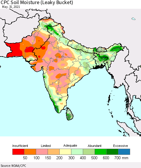 Southern Asia CPC Soil Moisture (Leaky Bucket) Thematic Map For 5/26/2021 - 5/31/2021