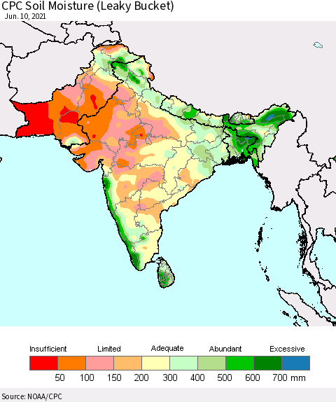Southern Asia CPC Calculated Soil Moisture (Leaky Bucket) Thematic Map For 6/6/2021 - 6/10/2021