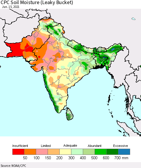 Southern Asia CPC Soil Moisture (Leaky Bucket) Thematic Map For 6/11/2021 - 6/15/2021