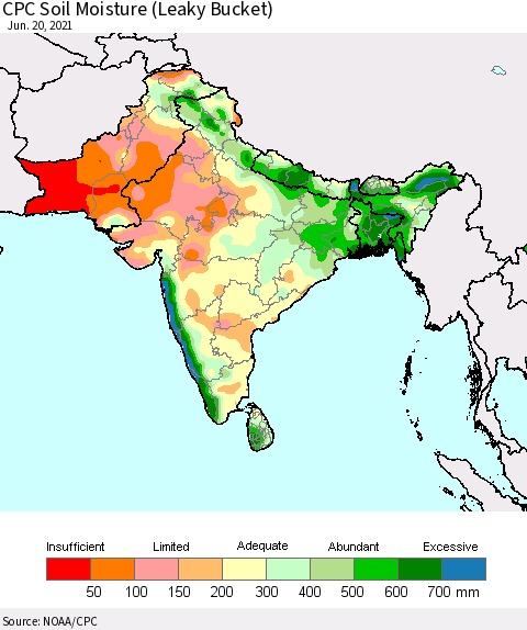 Southern Asia CPC Soil Moisture (Leaky Bucket) Thematic Map For 6/16/2021 - 6/20/2021