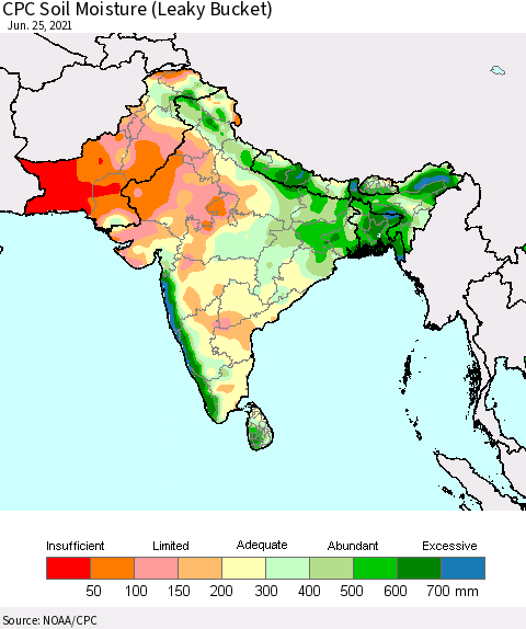 Southern Asia CPC Soil Moisture (Leaky Bucket) Thematic Map For 6/21/2021 - 6/25/2021