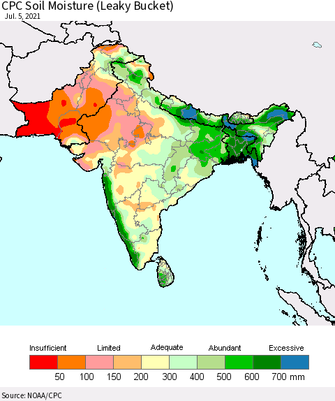 Southern Asia CPC Soil Moisture (Leaky Bucket) Thematic Map For 7/1/2021 - 7/5/2021