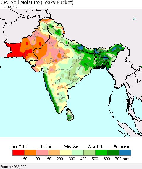 Southern Asia CPC Calculated Soil Moisture (Leaky Bucket) Thematic Map For 7/6/2021 - 7/10/2021