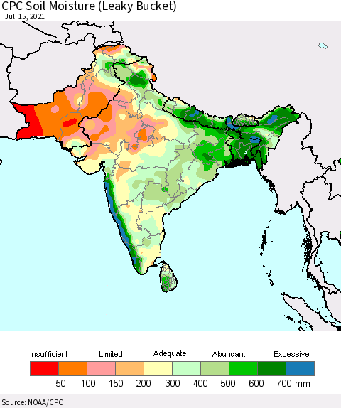 Southern Asia CPC Calculated Soil Moisture (Leaky Bucket) Thematic Map For 7/11/2021 - 7/15/2021