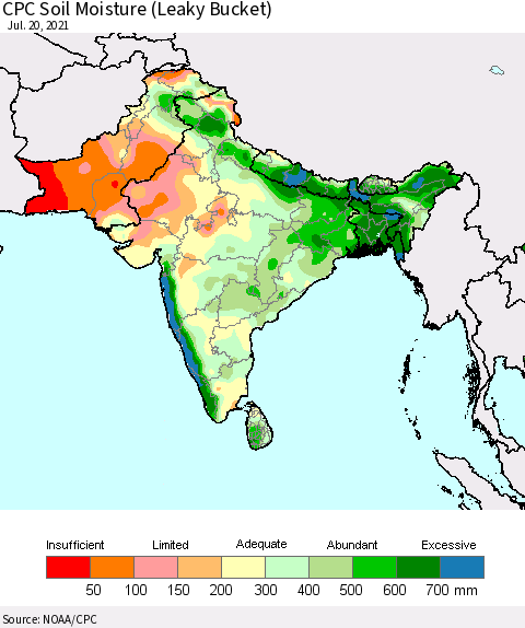 Southern Asia CPC Calculated Soil Moisture (Leaky Bucket) Thematic Map For 7/16/2021 - 7/20/2021