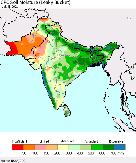 Southern Asia CPC Calculated Soil Moisture (Leaky Bucket) Thematic Map For 7/26/2021 - 7/31/2021