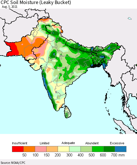 Southern Asia CPC Soil Moisture (Leaky Bucket) Thematic Map For 8/1/2021 - 8/5/2021