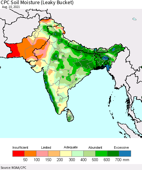 Southern Asia CPC Calculated Soil Moisture (Leaky Bucket) Thematic Map For 8/6/2021 - 8/10/2021