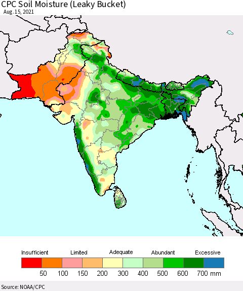 Southern Asia CPC Calculated Soil Moisture (Leaky Bucket) Thematic Map For 8/11/2021 - 8/15/2021