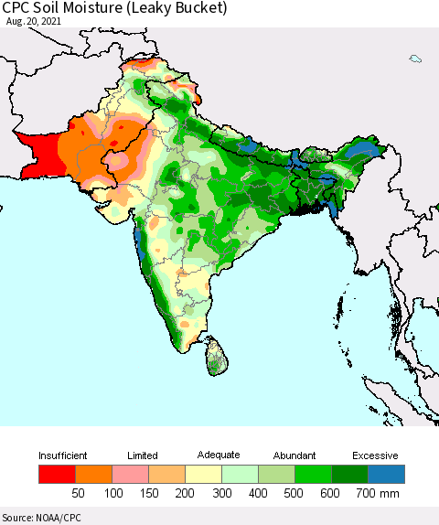 Southern Asia CPC Calculated Soil Moisture (Leaky Bucket) Thematic Map For 8/16/2021 - 8/20/2021