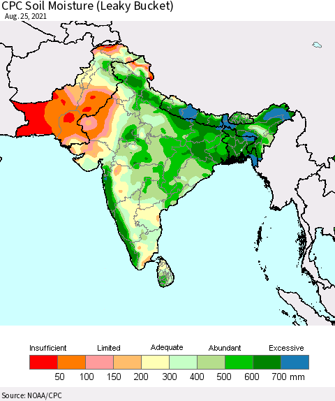Southern Asia CPC Calculated Soil Moisture (Leaky Bucket) Thematic Map For 8/21/2021 - 8/25/2021