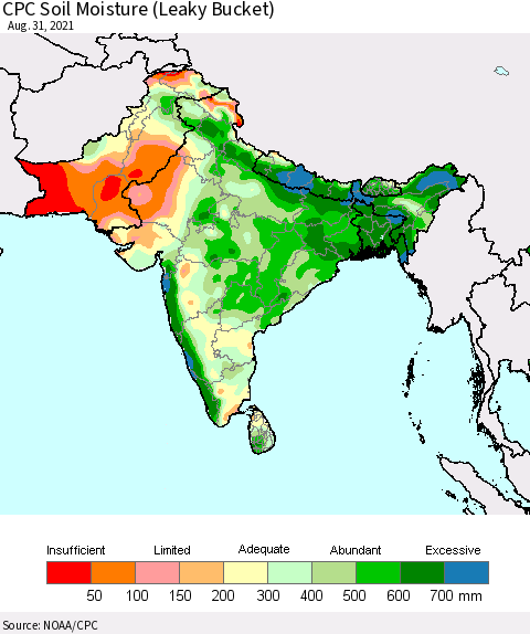 Southern Asia CPC Calculated Soil Moisture (Leaky Bucket) Thematic Map For 8/26/2021 - 8/31/2021