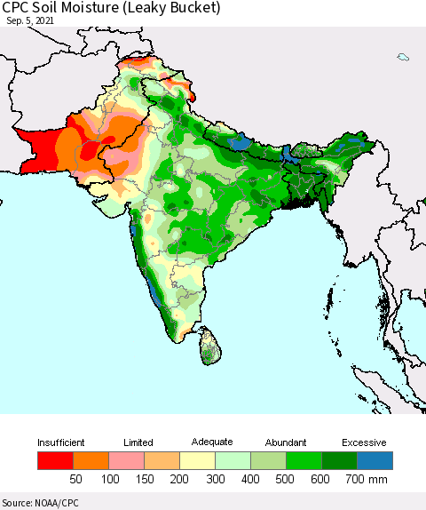 Southern Asia CPC Calculated Soil Moisture (Leaky Bucket) Thematic Map For 9/1/2021 - 9/5/2021
