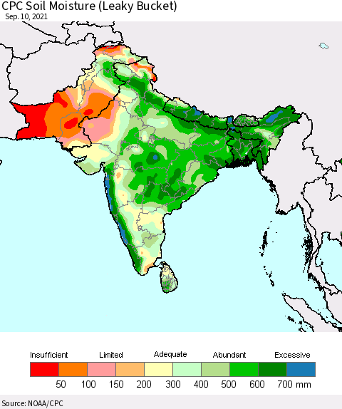 Southern Asia CPC Calculated Soil Moisture (Leaky Bucket) Thematic Map For 9/6/2021 - 9/10/2021