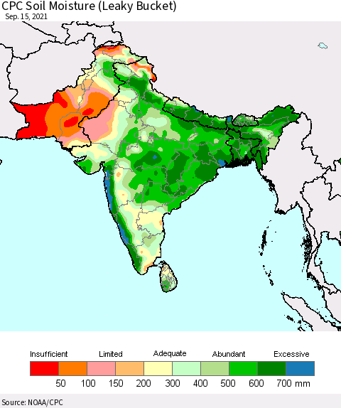 Southern Asia CPC Calculated Soil Moisture (Leaky Bucket) Thematic Map For 9/11/2021 - 9/15/2021