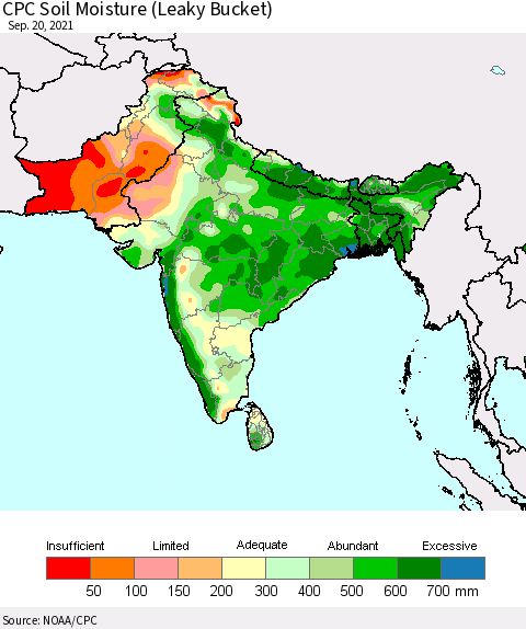 Southern Asia CPC Calculated Soil Moisture (Leaky Bucket) Thematic Map For 9/16/2021 - 9/20/2021
