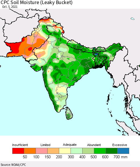 Southern Asia CPC Calculated Soil Moisture (Leaky Bucket) Thematic Map For 10/1/2021 - 10/5/2021