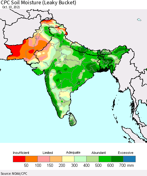 Southern Asia CPC Calculated Soil Moisture (Leaky Bucket) Thematic Map For 10/6/2021 - 10/10/2021