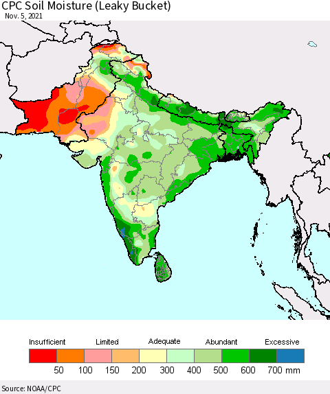 Southern Asia CPC Soil Moisture (Leaky Bucket) Thematic Map For 11/1/2021 - 11/5/2021