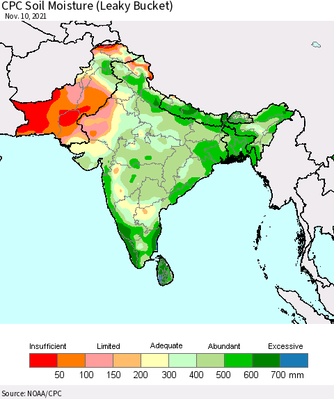 Southern Asia CPC Calculated Soil Moisture (Leaky Bucket) Thematic Map For 11/6/2021 - 11/10/2021