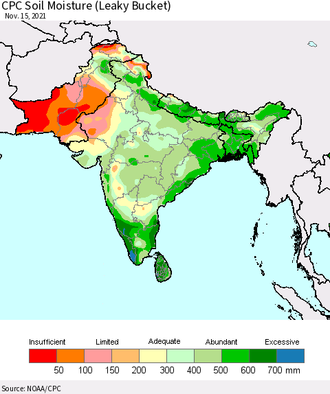 Southern Asia CPC Calculated Soil Moisture (Leaky Bucket) Thematic Map For 11/11/2021 - 11/15/2021