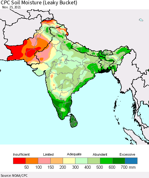 Southern Asia CPC Soil Moisture (Leaky Bucket) Thematic Map For 11/21/2021 - 11/25/2021