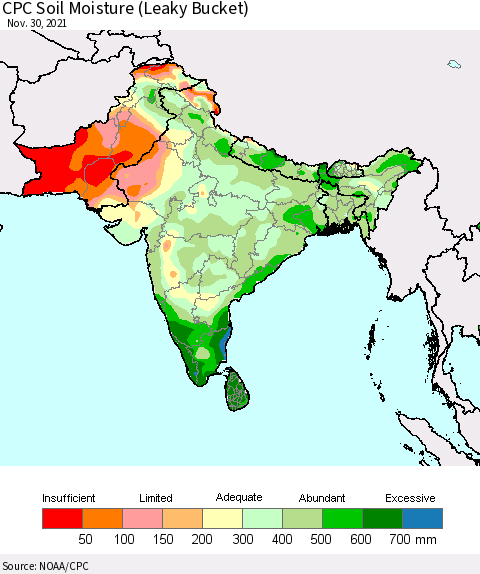 Southern Asia CPC Soil Moisture (Leaky Bucket) Thematic Map For 11/26/2021 - 11/30/2021