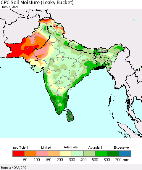 Southern Asia CPC Calculated Soil Moisture (Leaky Bucket) Thematic Map For 12/1/2021 - 12/5/2021