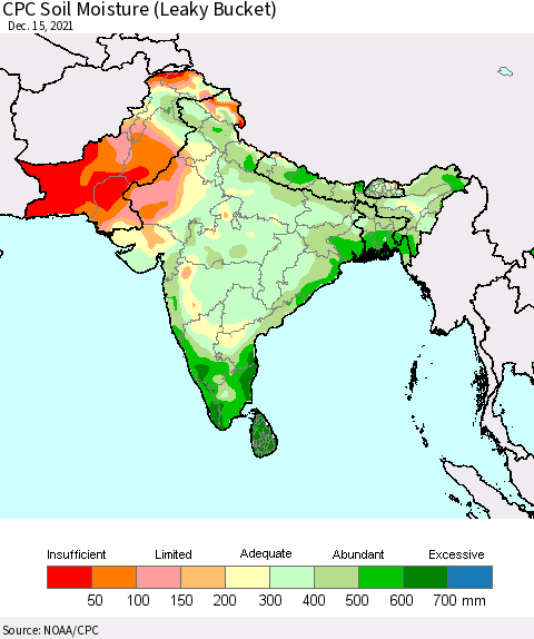 Southern Asia CPC Calculated Soil Moisture (Leaky Bucket) Thematic Map For 12/11/2021 - 12/15/2021