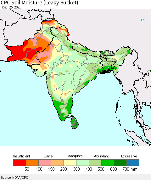 Southern Asia CPC Soil Moisture (Leaky Bucket) Thematic Map For 12/21/2021 - 12/25/2021