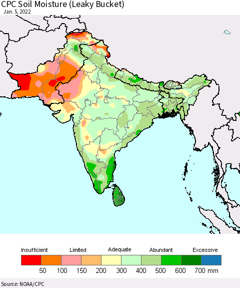 Southern Asia CPC Soil Moisture (Leaky Bucket) Thematic Map For 1/1/2022 - 1/5/2022