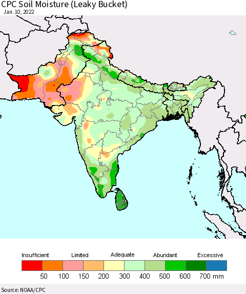 Southern Asia CPC Calculated Soil Moisture (Leaky Bucket) Thematic Map For 1/6/2022 - 1/10/2022