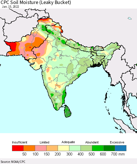 Southern Asia CPC Calculated Soil Moisture (Leaky Bucket) Thematic Map For 1/11/2022 - 1/15/2022