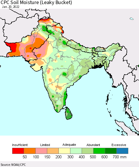 Southern Asia CPC Soil Moisture (Leaky Bucket) Thematic Map For 1/16/2022 - 1/20/2022