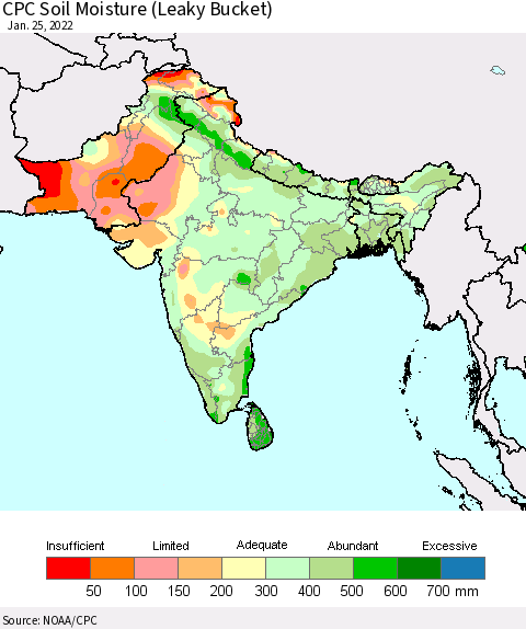Southern Asia CPC Soil Moisture (Leaky Bucket) Thematic Map For 1/21/2022 - 1/25/2022