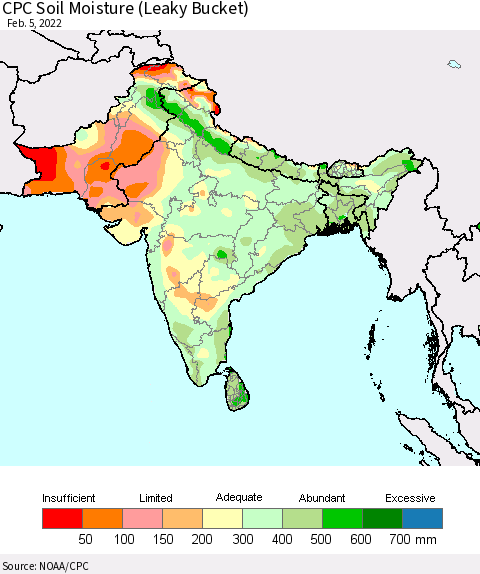 Southern Asia CPC Soil Moisture (Leaky Bucket) Thematic Map For 2/1/2022 - 2/5/2022