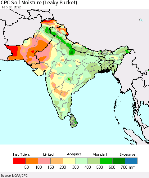 Southern Asia CPC Calculated Soil Moisture (Leaky Bucket) Thematic Map For 2/6/2022 - 2/10/2022