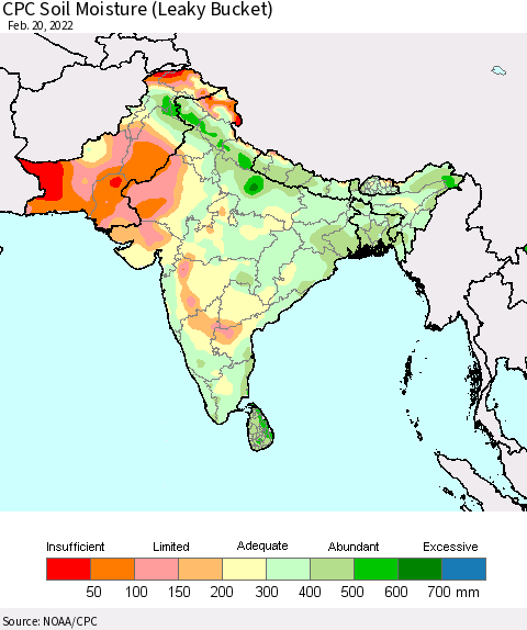 Southern Asia CPC Soil Moisture (Leaky Bucket) Thematic Map For 2/16/2022 - 2/20/2022