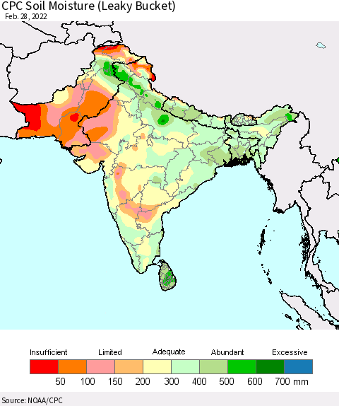 Southern Asia CPC Soil Moisture (Leaky Bucket) Thematic Map For 2/26/2022 - 2/28/2022