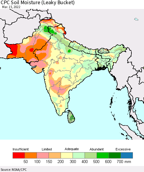 Southern Asia CPC Soil Moisture (Leaky Bucket) Thematic Map For 3/11/2022 - 3/15/2022