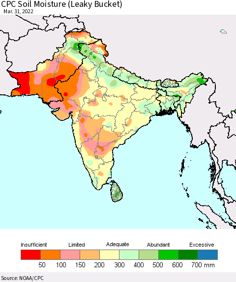 Southern Asia CPC Calculated Soil Moisture (Leaky Bucket) Thematic Map For 3/26/2022 - 3/31/2022