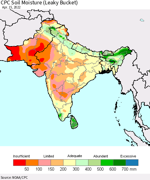 Southern Asia CPC Soil Moisture (Leaky Bucket) Thematic Map For 4/11/2022 - 4/15/2022