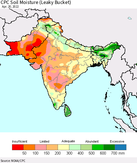 Southern Asia CPC Soil Moisture (Leaky Bucket) Thematic Map For 4/16/2022 - 4/20/2022