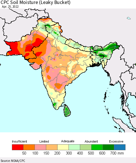 Southern Asia CPC Soil Moisture (Leaky Bucket) Thematic Map For 4/21/2022 - 4/25/2022