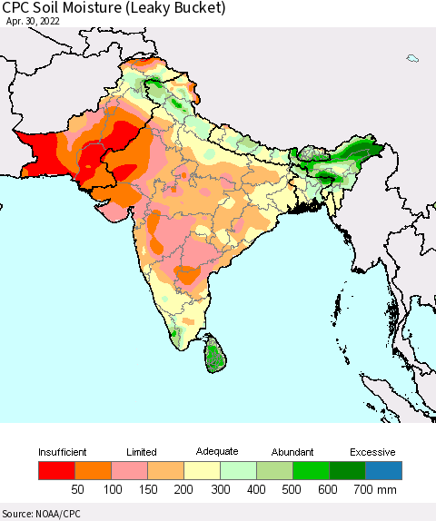 Southern Asia CPC Soil Moisture (Leaky Bucket) Thematic Map For 4/26/2022 - 4/30/2022